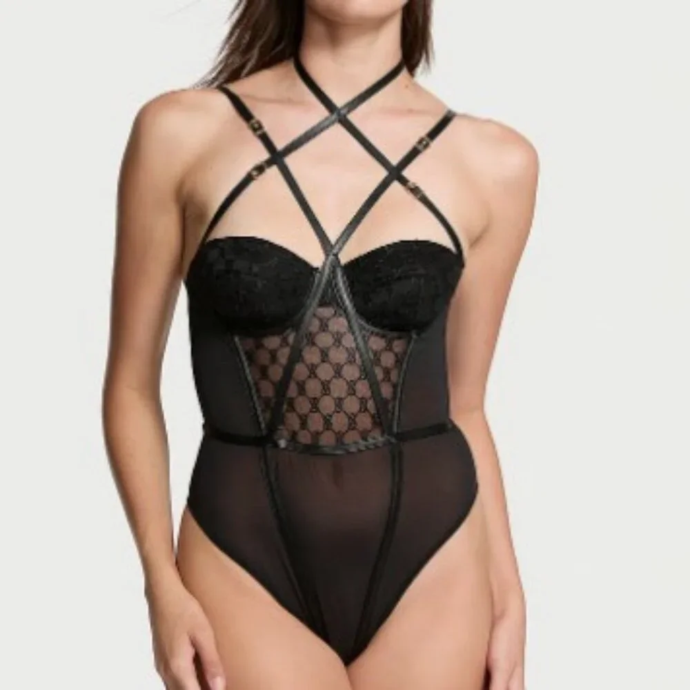 NWT Victoria's Secret Teddy Very Sexy VS Logo Balconette Faux-Leather Trim XXL